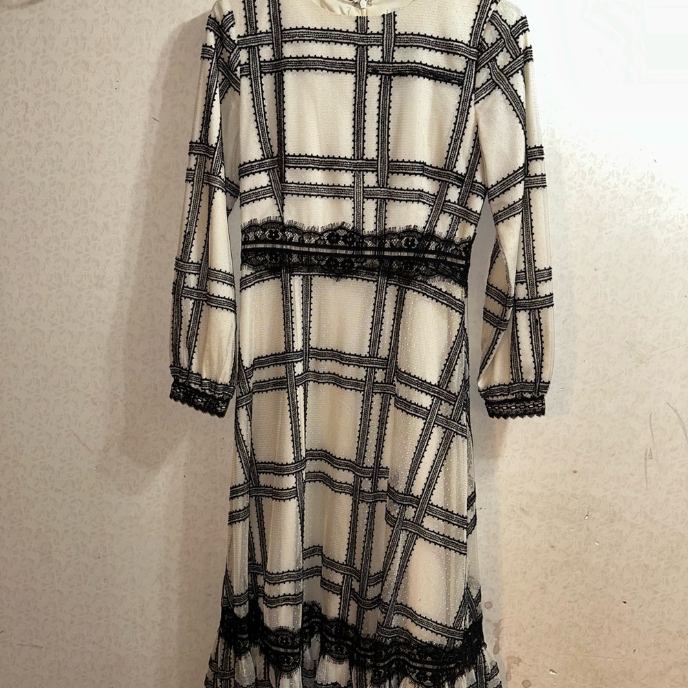 Cream and Black Plaid Lace-Trim Midi Dress